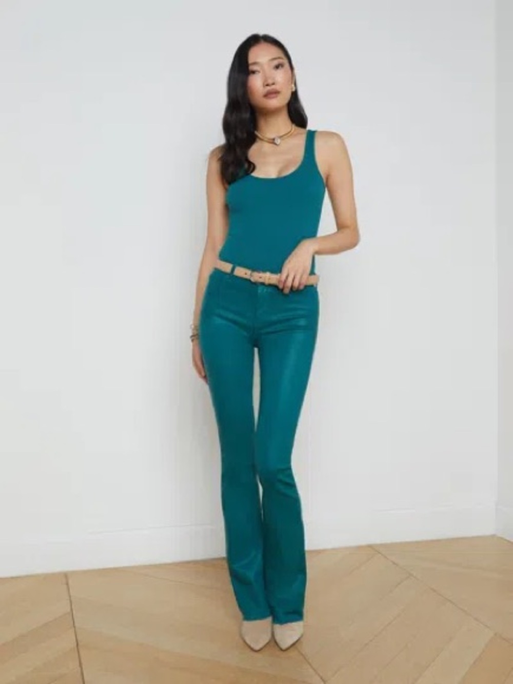L’AGENCE Ruth Coated High Rise Straight Leg Jeans Teal Green 29 NWOT